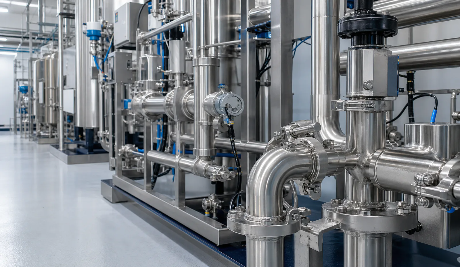 Sanitary stainless-steel piping, instrumentation, and a high-purity water process skid