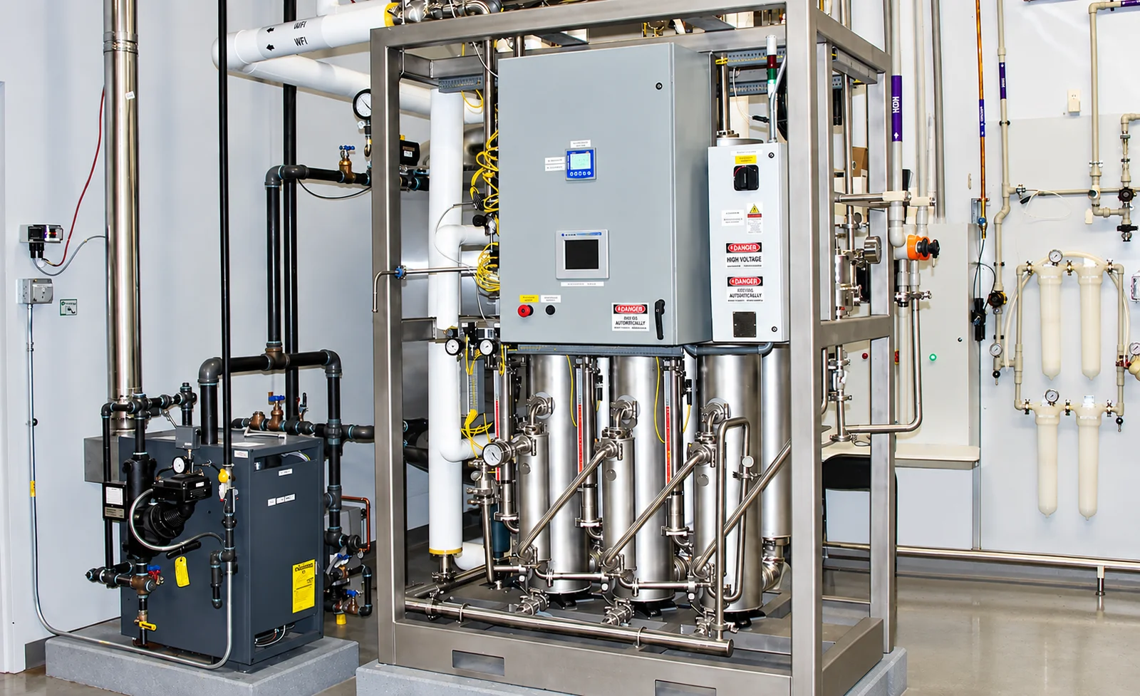Stainless-steel water distillation unit with a control panel and sanitary piping