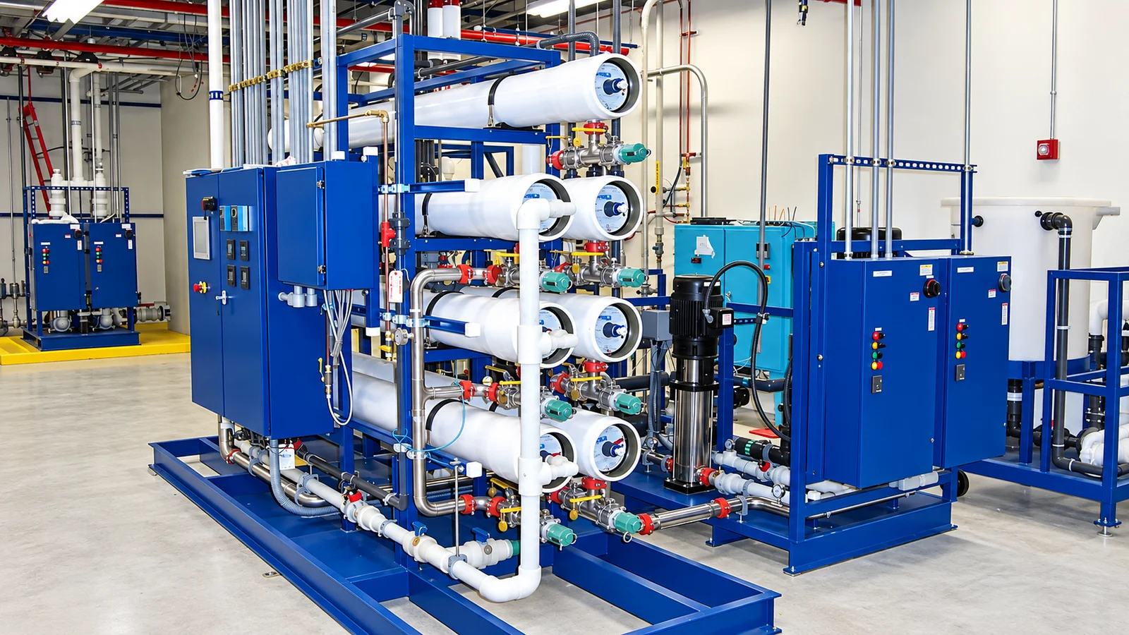 High-purity reverse osmosis system with membrane housings, pumps, and blue control cabinets
