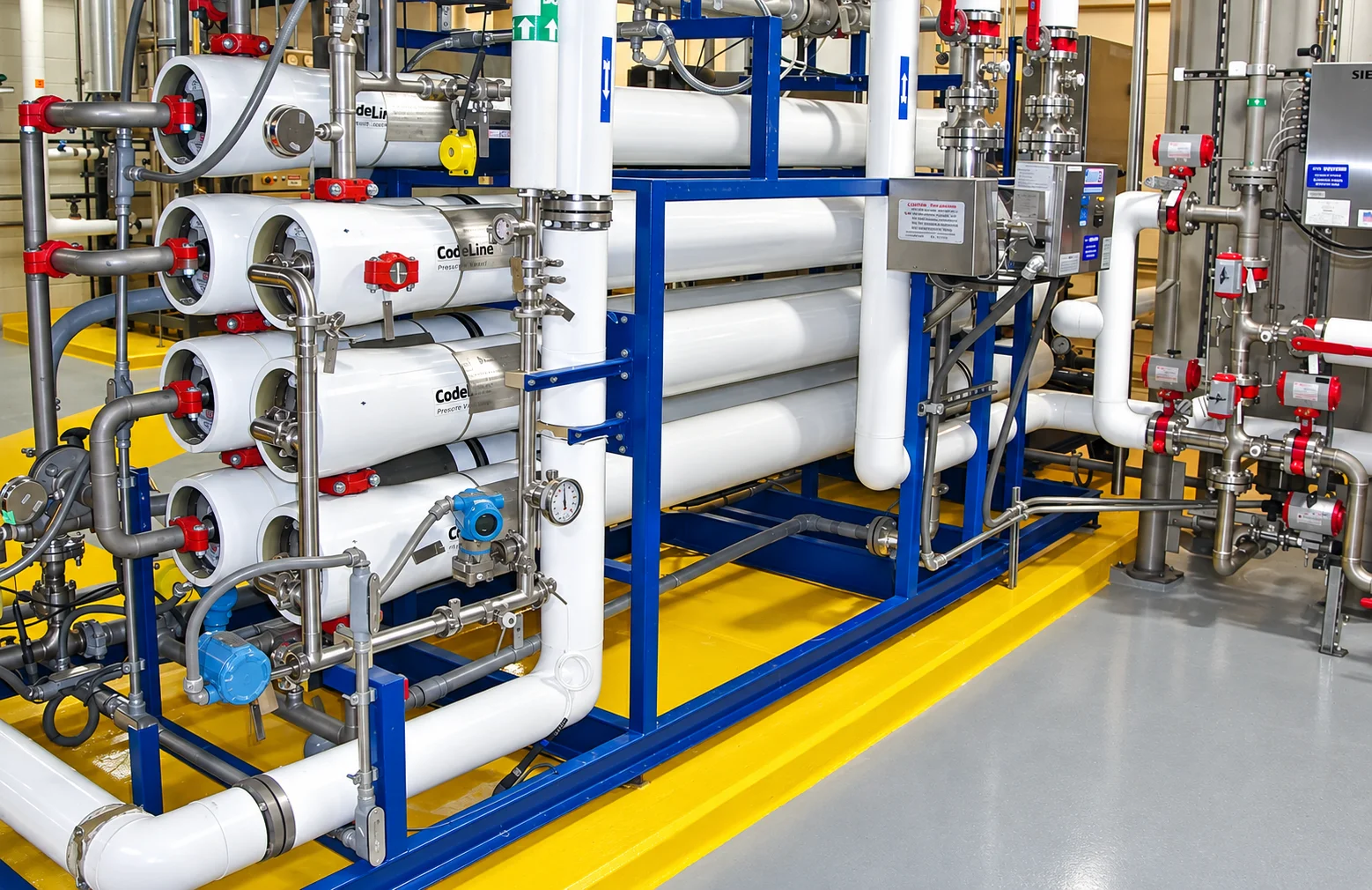 Reverse osmosis skid with white membrane housings, blue framing, and process instrumentation