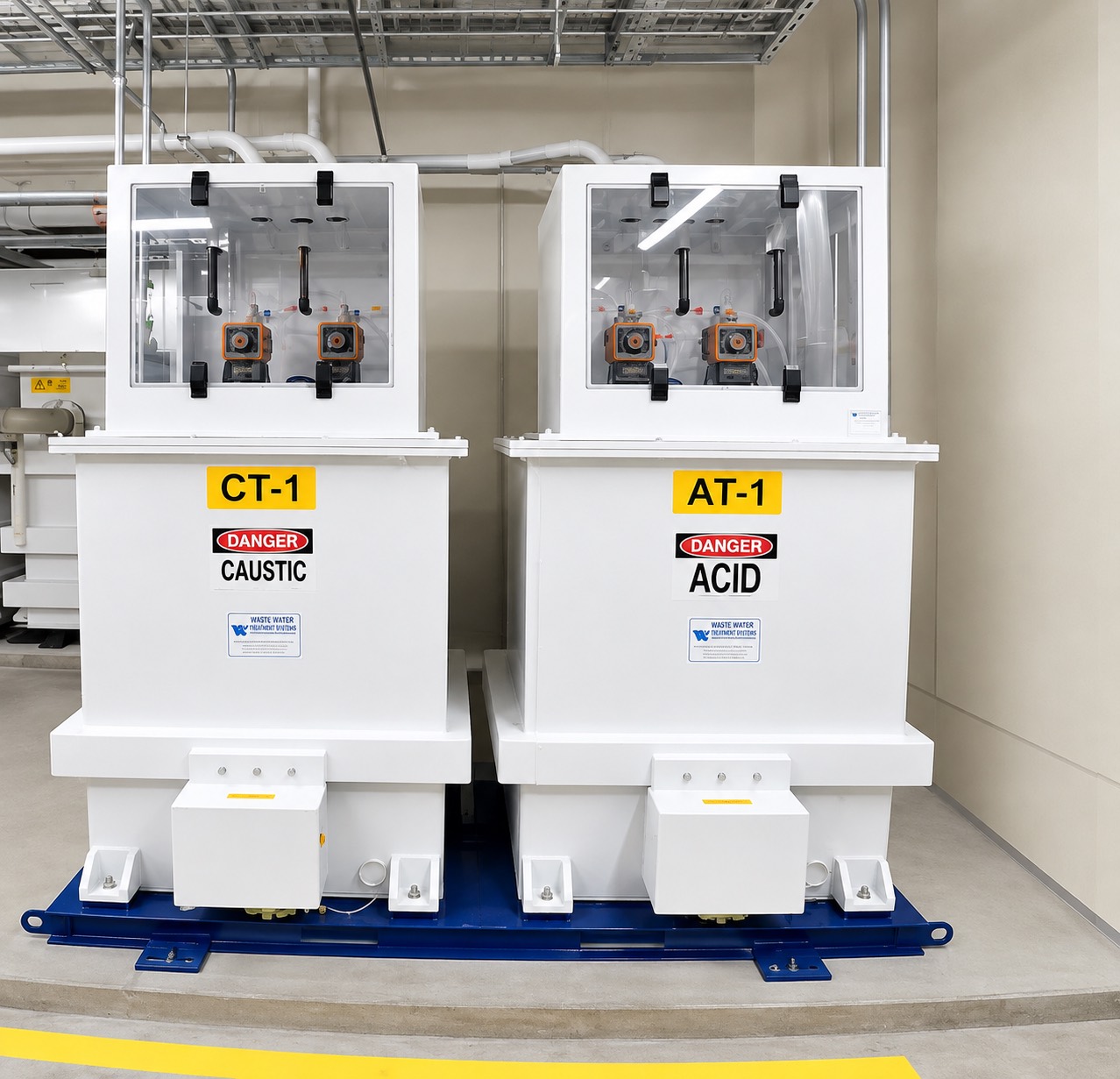 Caustic and acid chemical feed tanks with metering pumps