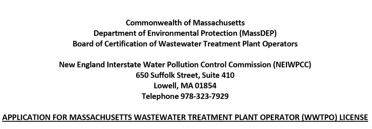 Massachusetts wastewater treatment plant operator license application heading from MassDEP and NEIWPCC